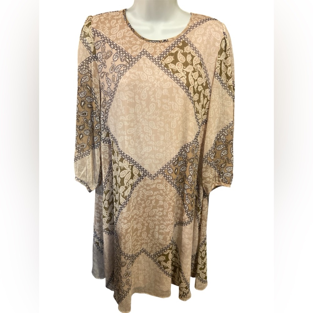 Calvin Klein Women's Chiffon 3/4-Sleeve Shift Dress  patchwork paisley size 10